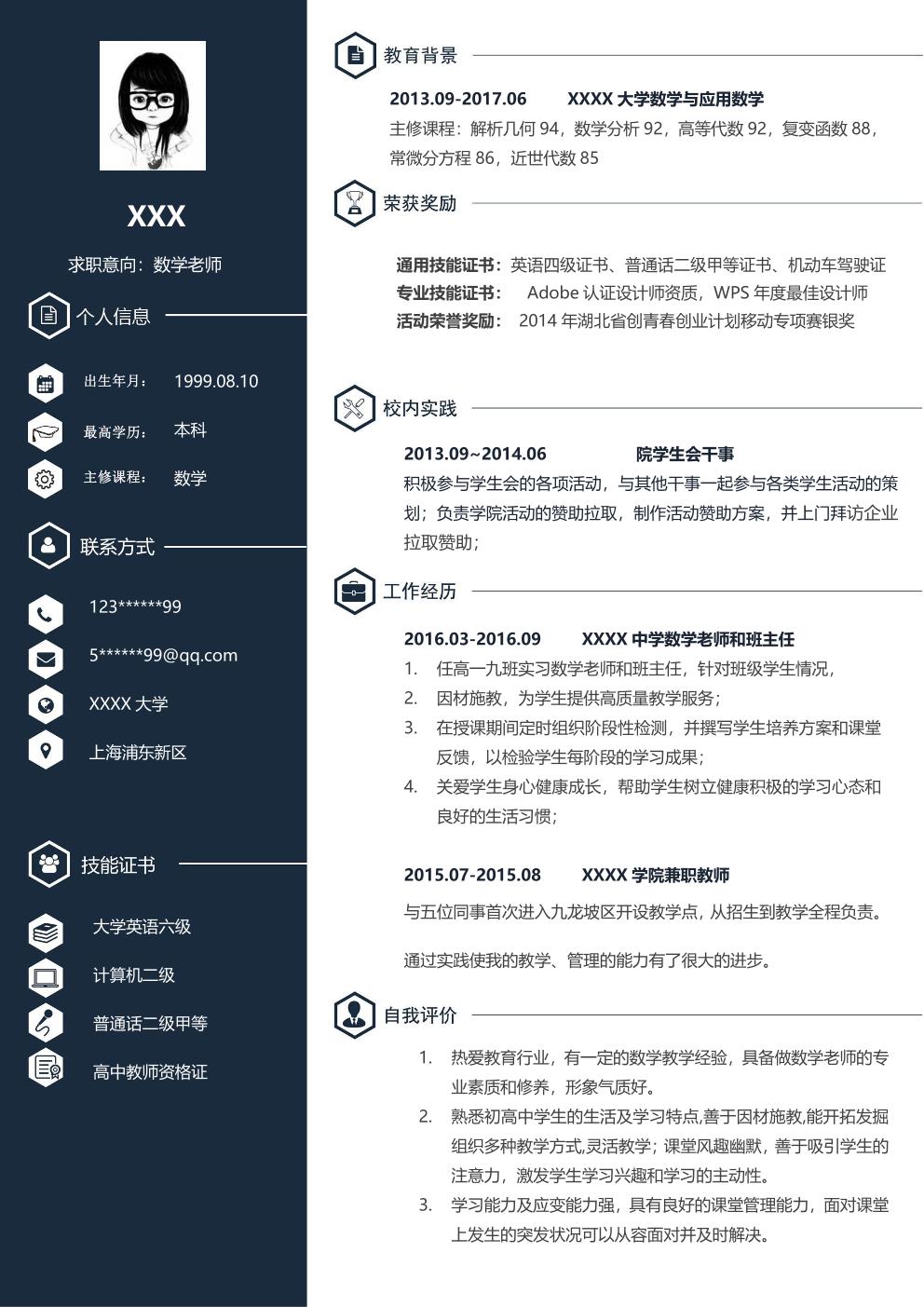  数学教师教育培训类岗位求职简历模板免费下载