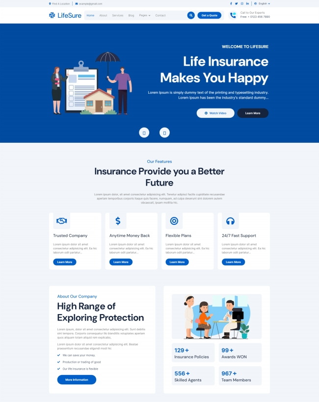 蓝色风格保险服务公司HTML5网站模板免费下载