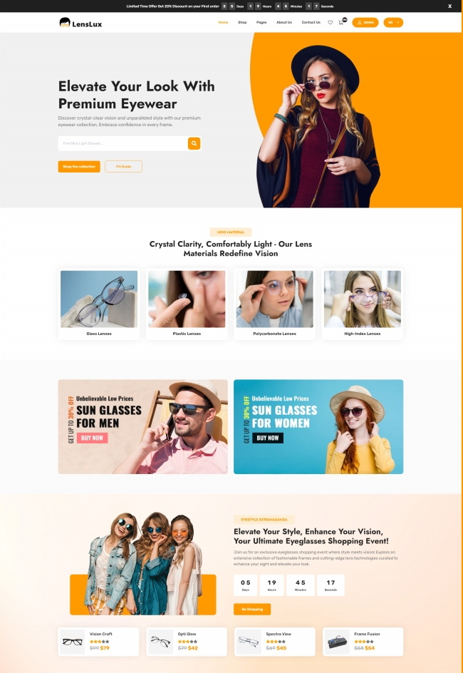 HTML5眼镜在线商城网站黄色模板免费下载